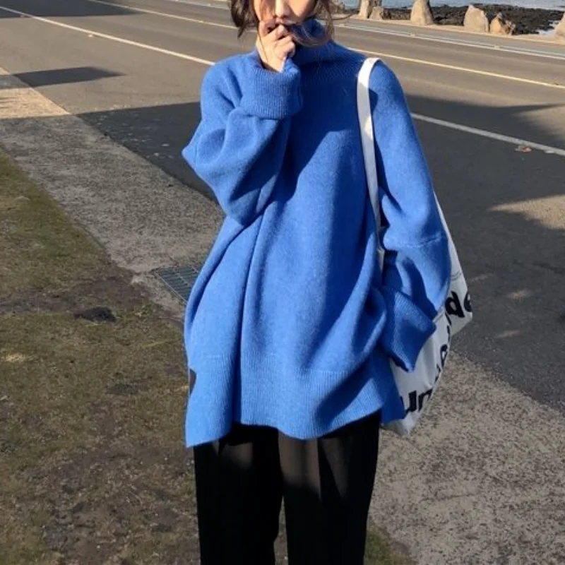 2021 Turtleneck Collar Sweater Women Spring Autumn Solid Knitting Pullovers Oversize Basic Black Blue White Jumper pull femme