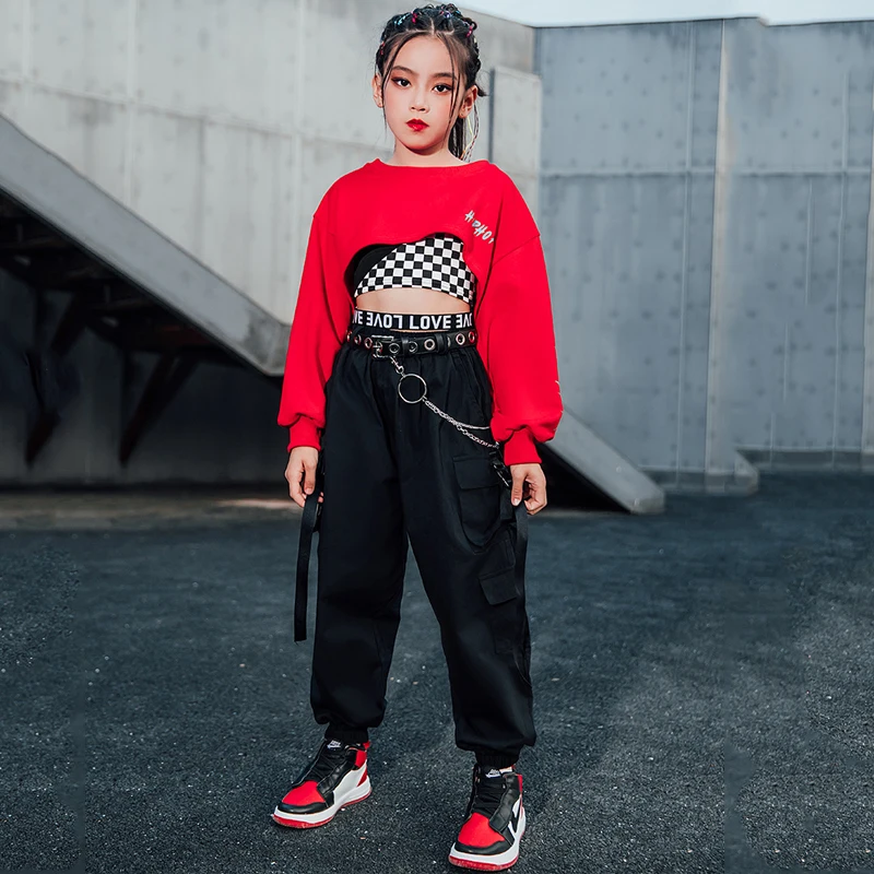 Girls Hip Hop Clothing Red Tops Casual Pants For Kids Street Dance Costume Modern Jazz Ballroom Dancing Clothes Rave Wear BL5310