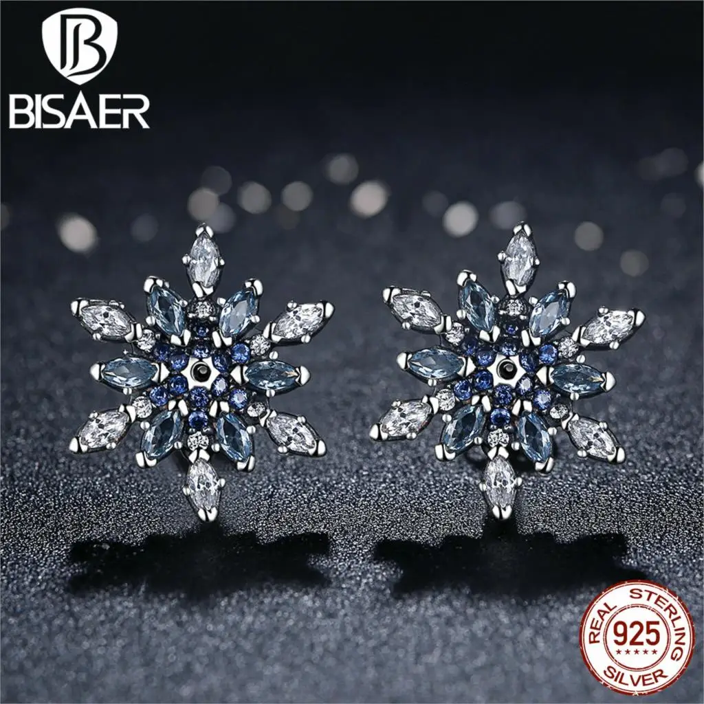 Bijoux 925 пробы серебряные кристаллизованные снежинки, синие кристаллы прозрачные CZ серьги-гвоздики для женщин серьги серебряные украшения brincos