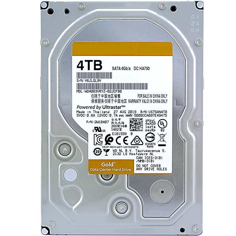 New Original HDD For WD Gold 4TB 3.5" SATA 6 Gb/s 256MB 7200RPM For Internal Hard Disk Enterprise Class HDD WD4003VRYZ