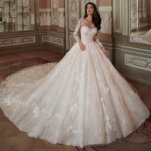 White Wedding Dress Lace 3D Flower O-neck Long Sleeve Simple Bridal Dresses Zipper Custom Made Plus Size Wedding Gown