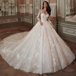 White Wedding Dress Lace 3D Flower O-neck Long Sleeve Simple Bridal Dresses Zipper Custom Made Plus Size Wedding Gown