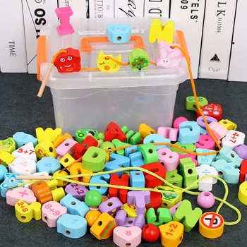 

65/106PCS Fruits Vegetables Animal Traffic + Number Letter Blocks Beads toys, Children's wooden bead Educational game, Baby gift
