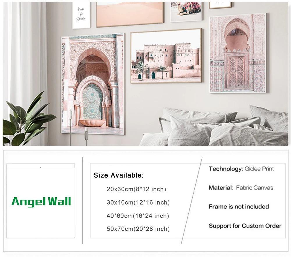 Allah Islamic Morocco Door Wall Art Canvas Poster Arch Pink Door Print Kasbah Camel Nordic Animal Picture Painting Modern Decor