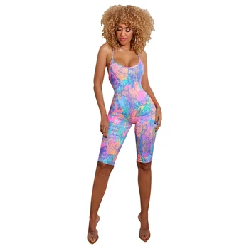 

Fashion Tie Dye Print Lady Beach Style Playsuits Sexy Back Cross Catsuits Sexy Tight Short Sports Playsuits