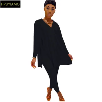 

Casual Solid Women Two Piece Set Sportwear Tracksuit Deep V-neck Long Sleeve Maxi Tops and Slim Fit Legging Side Split Outfits