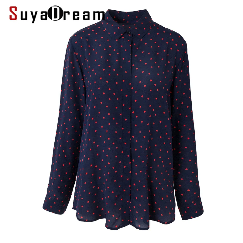 SuyaDream Для женщин принт в виде сердечек, блузка натурального шелка Длинные рукава Офисные женские туфли отложным воротником блузки Осень рубашка на каждый день