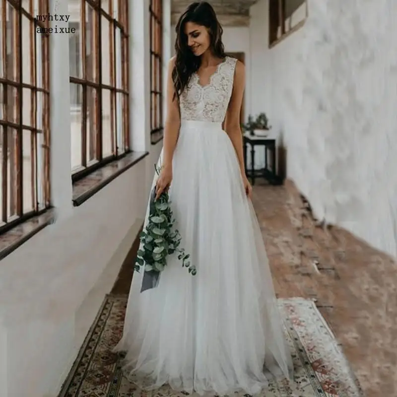 

Boho Lace Plus Size White Wedding Dress 2023 V-neck Sleeveless Tulle Beach Bridal Gowns Custom Made Vestido De Noiva Simple