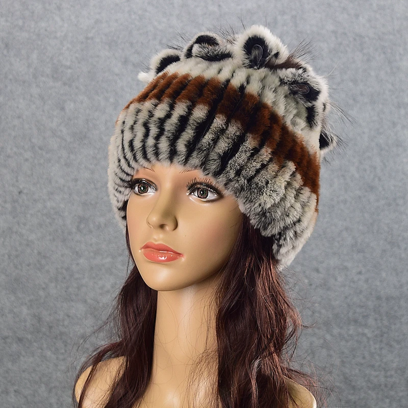Зимняя модная женская шапка из натурального меха кролика Рекс, женская теплая шапка с ушами, эластичная для девочек - Цвет: color1