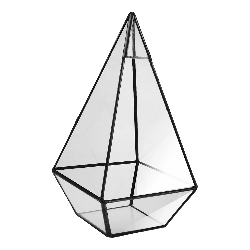 Pyramid Clear Glass Geometric Terrarium Box Succulent Planter Home Garden Art Holder Black 12 x 12 x 24cm