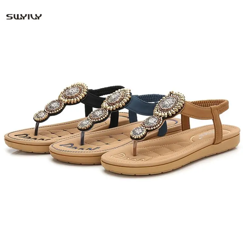 Womens Flat Sandals Strappy Gladiator Clip Toe Slipper Summer Casual Low Flip Flops Shoes Slip-On Flats Beach Shoes