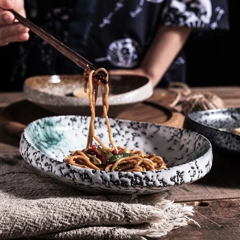 

Japanese style high quality textured special-shaped ceramic plate retro tableware household 8 inch dinner plate thick MJ80110
