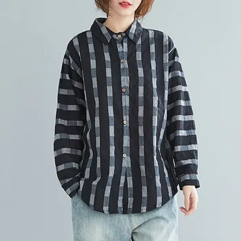 

Johnature Spring 2020 Plaid Casual All Match Turn-down Collar Loose Women Blouses New Simple Button Female Shirts