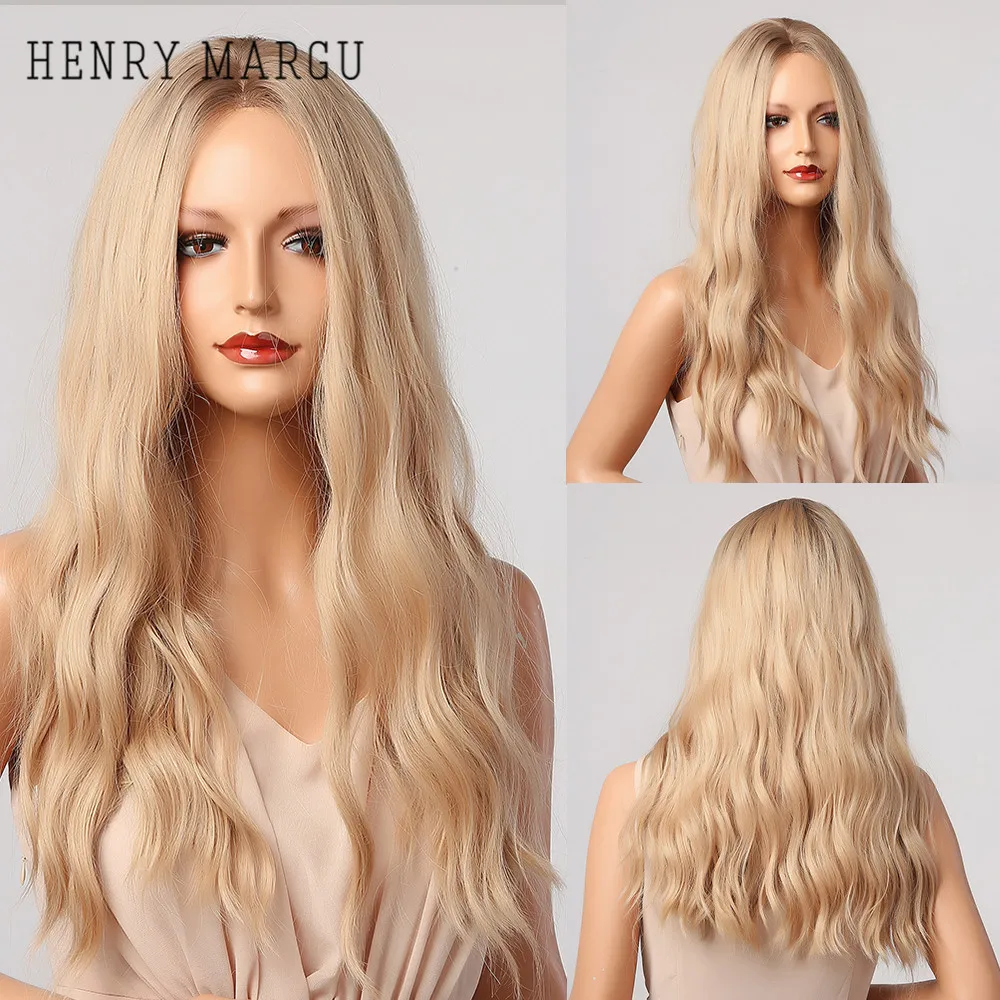 HENRY MARGU Long Wavy Blonde Ombre Synthetic Wigs Natural Middle Part for Women Daily Cosplay Hair Heat Resistant |