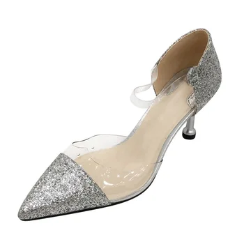 

2019 new summer Korean version of pointed fine stiletto transparent high heel patent leather sequins sexy shallow mouth women's