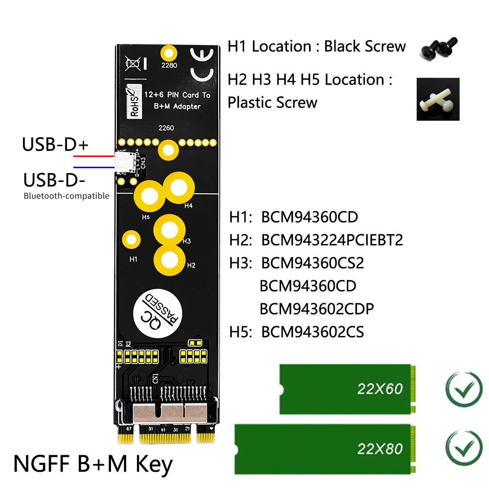 12+6 Pin Bluetooth-compatible WiFi Wireless Card Module to M.2 for NGFF Key B+M Adapter for Mac OS