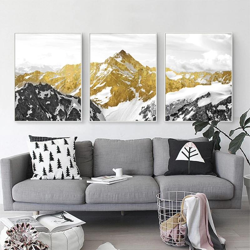 3PCS Golden Snow Mountain Abstract Wall Art Print Canvas Painting Decorative Picture for Home Decor Poster | Дом и сад