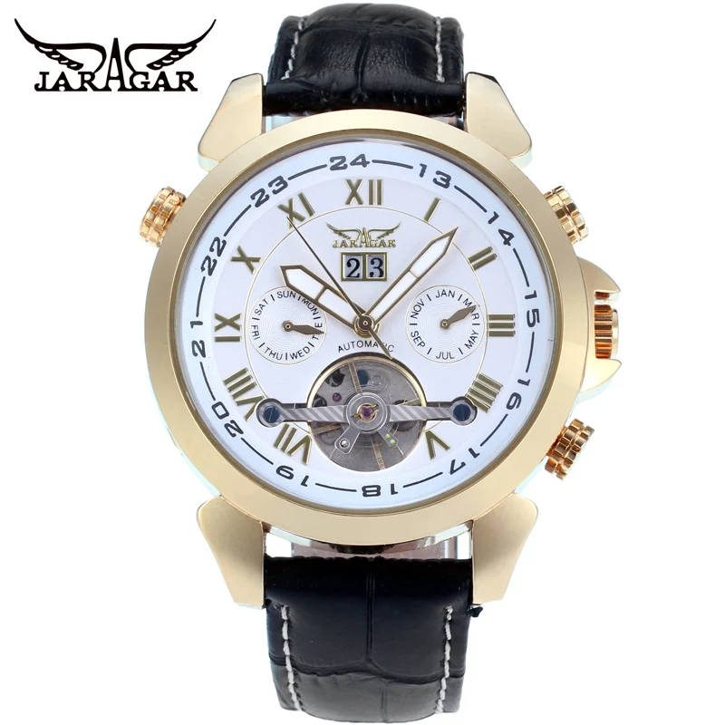 JARAGAR Alloy Mechanical Watch Casual Fashion Flywheel Roman Scale Mechanical Watch Calendar Belt Wrist Watch