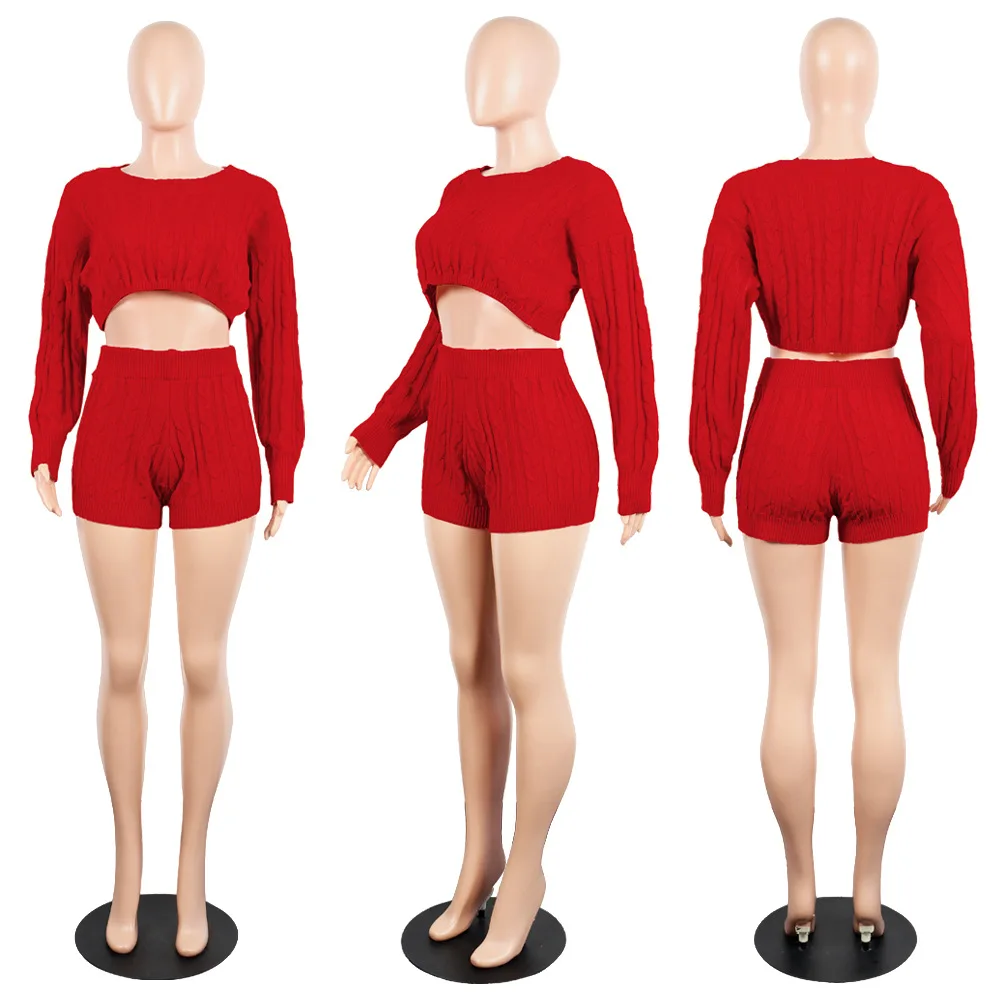 HAOYUAN, Женский комплект из двух предметов, сексуальная клубная одежда, свитер, укороченный топ и байкерские шорты, трикотажная одежда, спортивный костюм, комплект из 2 предметов - Цвет: Красный