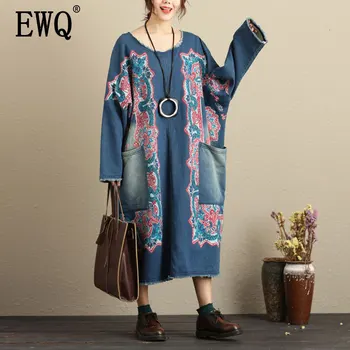 

[EWQ] 2020 Spring Fashion Long Sleeve O Neck Print Patchwork Pullovers Casual Loose Big Size Dress Summer Vintage Women MC195
