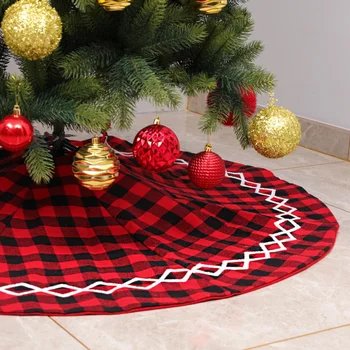 

Linen Burlap Christmas Tree Skirt Red Black Plaid Ruffle Side Border 48 Inches Round Mat Xmas Party Holiday Decorations