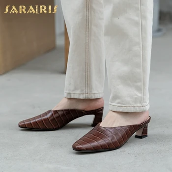 

Sarairis 2020 New Arrivals Genuine Cow Leather Hoof Heels Summer Pumps Woman Shoes Slip On Spring Elegant Shoes Women Pumps