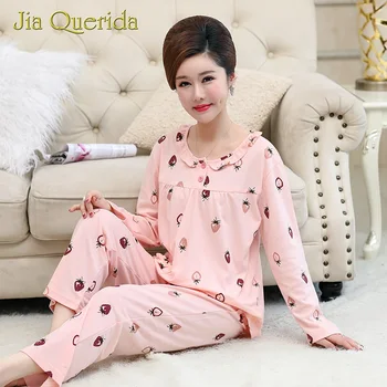 

Autumn Pink Sleepwear for Women Strawberry Print 100% Cotton O-neck Long Sleeves Pants Leisure Ladies Lingerie Plus Size Pajamas