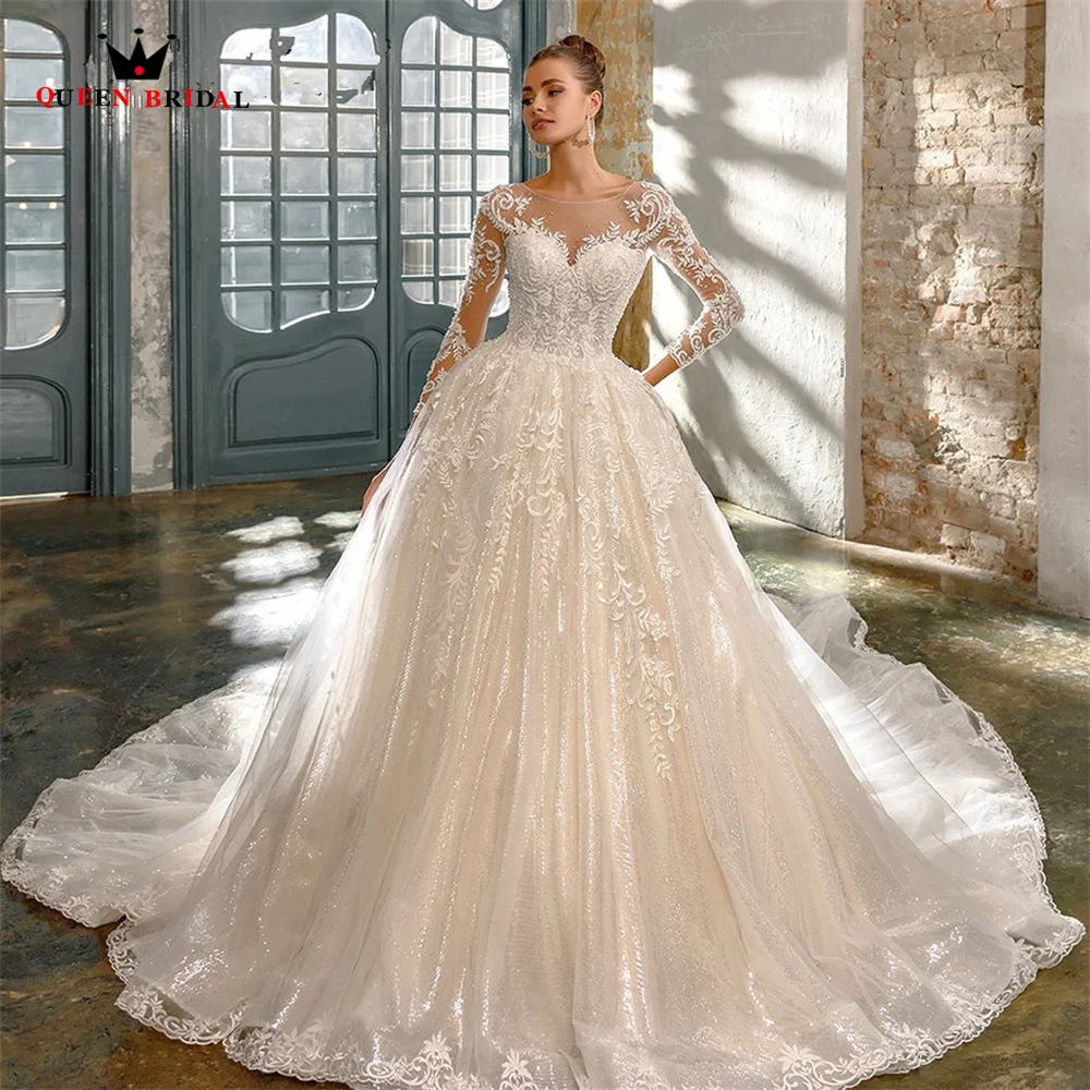 

Ball Gown Wedding Dresses Long Sleeve Sequins Tulle Lace Appliques Luxury Formal Bridal Gown 2023 New Design Custom Made DS19