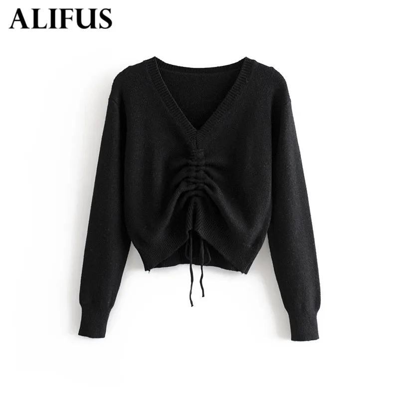 

"Fashion Za Women Black Solid Sweater Drawstring Casual Autumn V-Neck Long Sleeve Knitted Pullovers Jumper Tops "