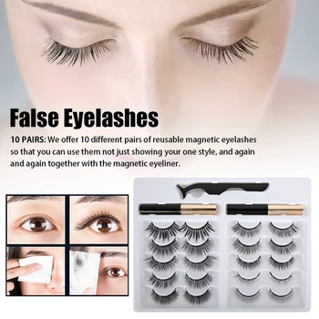 

10pairs Eyeliner Liquid False Eyelashes Set Natural Look Thickened Cosmetic Mink Long Lasting Strong Magnetic Reusable Charming