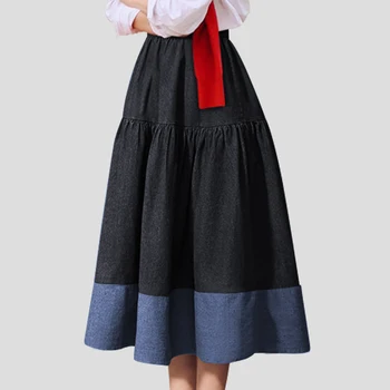 

Celmia Ruffle Hem Blue Denim Maxi Skirt Women Autumn Elastic High Waist Party Office Casual Skirts Stitching Plus Size 5XL Skirt