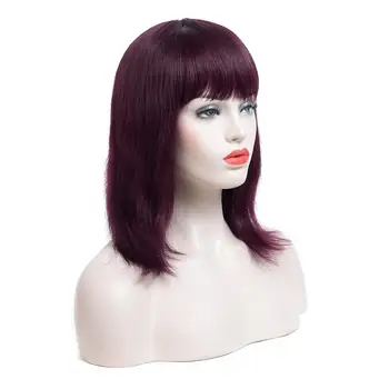

Haever Hair Full Wigs Deep Burgundy Colored 99J Medium Human Hair Wig With Bangs For Black Women Straight Brazilian Bang Wig