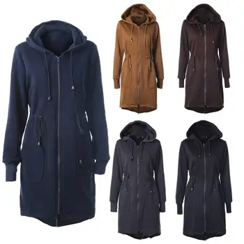 

2019 Fall Winter Women Wool Coat Drawstring Waist Hoodies Casual Zipper Pocket Plus Long Coats Female Windbreaker Trench