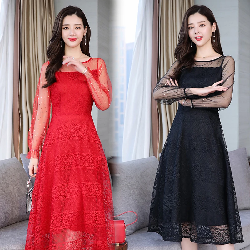 

Dresses Women Oversized Korean Lace Chiffon Dress Black Floral Vintage Spring Big Women's Plus size S~5XL Large sizen Vestido