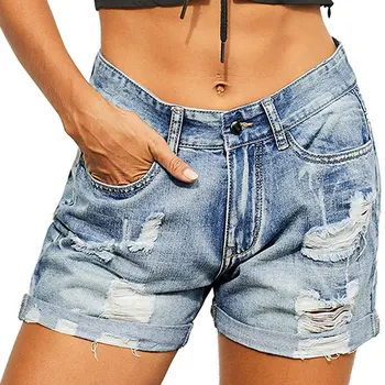 

Summer Vintage Faded and Distressed Jean Shorts with Pockets 2020 Plus Size Woman Casual Hole Hot Short Denim S-XXL