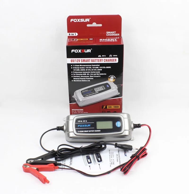 

Foxsur 12v 4a 6v 1a 11-stage Smart Battery Charger, Toy & Car Agm Gel Wet Efb Battery Charger, Lcd Intelligent Battery Charger