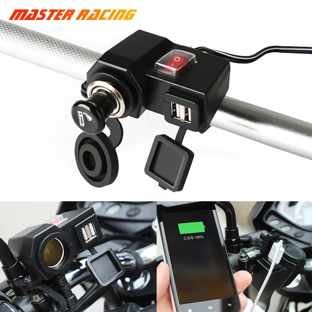 

12V Waterproof Motorcycle Handlebar Cigarette Lighter Power Socket 2.1A 5V Phone Port Charger USB Outlet Scooter For Harley