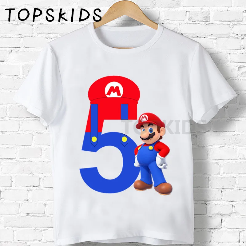 Свечи "Happy Birthday" для торта Super Mario номер 1 до 9 лет, футболки с мультипликационным принтом, для мальчиков и девочек, забавные детские топы Для детей, на лето футболка, HKP5233 - Цвет: White-E