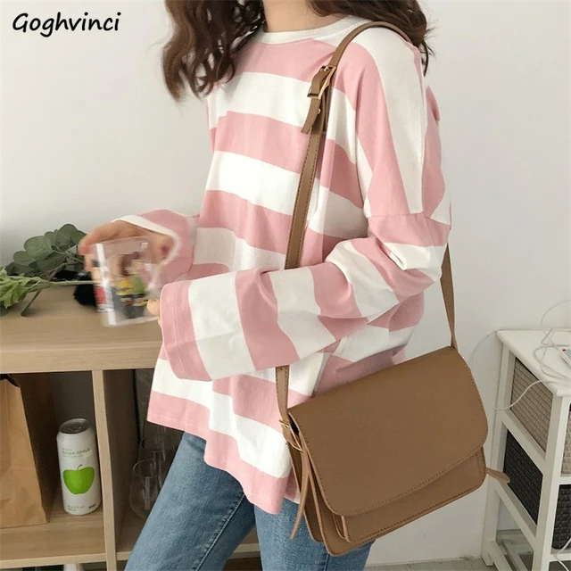 Striped Long Sleeve T-shirts Women Baggy Tshirts Mujer All-match Cropped  O-neck Casual Tops