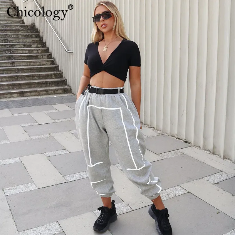 Chicology flash Светоотражающие уличные длинные брюки с высокой талией женские брюки осень зима Женская Корейская стильная Клубная одежда