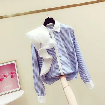 

Striped Blouse Women's 2020 Spring POLO Collar Fashion Casual Loose Splice Ruffles Long Sleeve Blouses Female Vintage Tops Z123