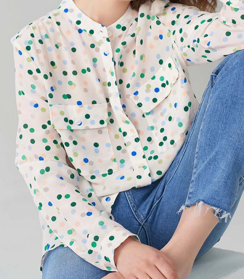 

Women Shirt Blue Green Polka Dot Silk Shirt Light Macaron Wave Point Fresh Color Double Pocket Sand Wash Silk