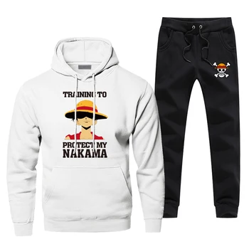 

Japan Anime One Piece Gray Hoodies Sets Casual Fashion Luffy Harajuku Sportsman Wear Protect My Nakama Men's Full Suit Tracksuit