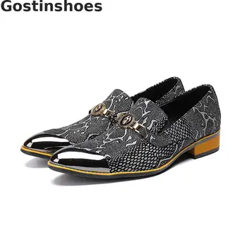 

Grey Snakeskin Pattern Printed Genuine Leather Men Casual Leather Shoes Pointed Metal Cap Toe Slip-on Oxford Shoes Men Leisure