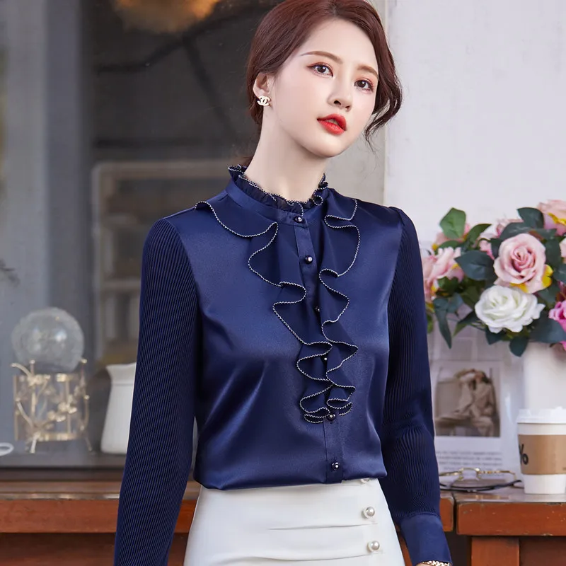 Navy Blue Ruffles Shirt Design 2021 New 