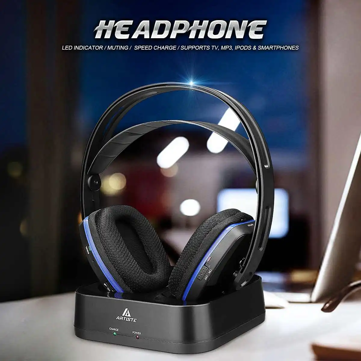 

Artiste D2 2.4GHz HiFi bluetooth Headphone Deep Bass Wireless TV Headphone with Transmitter Dock For Mobile Phone Music