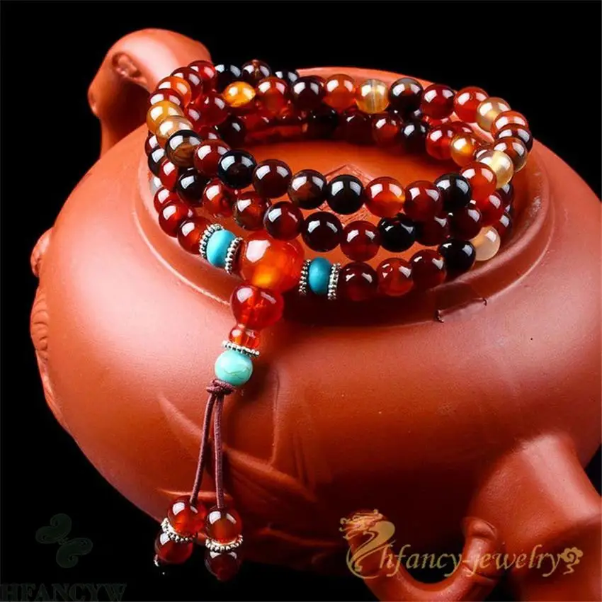

6mm Red agate 108 Buddha Beads Necklace spirituality Fancy Handmade energy cuff Bless pray natural yoga Buddhism Wrist Sutra