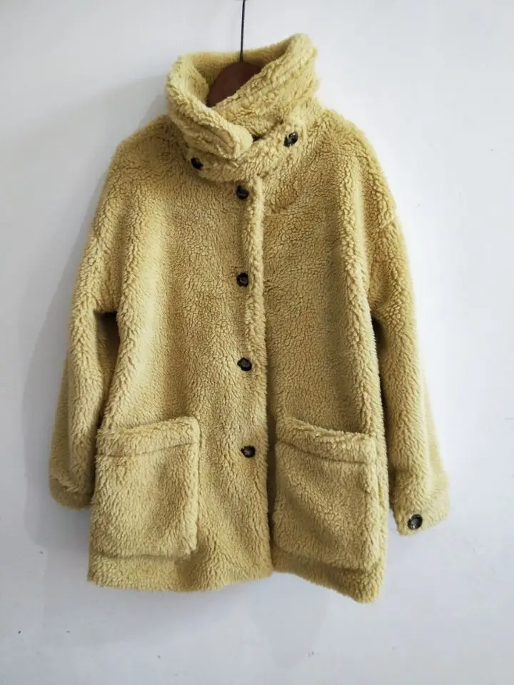 Yellow faux fur coat women shaggy streetwear Autumn winter warm teddy coat Female Fashion Women's Coats Jacket Plus Size Coats