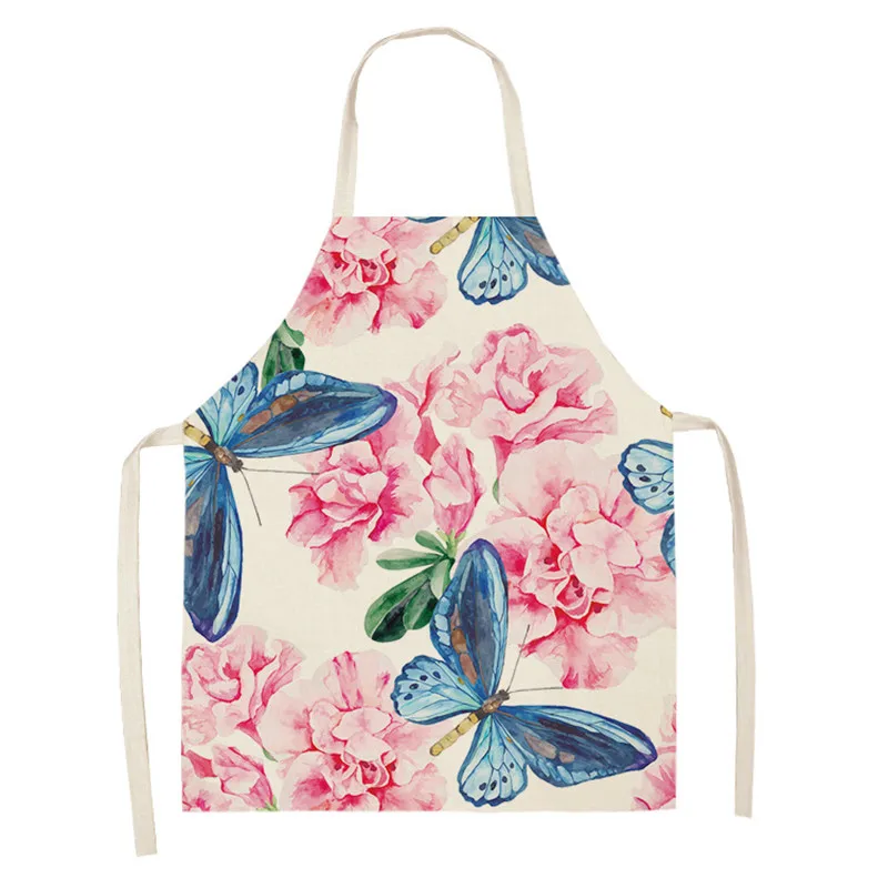 Flower Butterfly Girl Printed Chef Kitchen Aprons for Women Oil-proof Home Cooking Baking Waist Bib Cotton Linen Pinafore