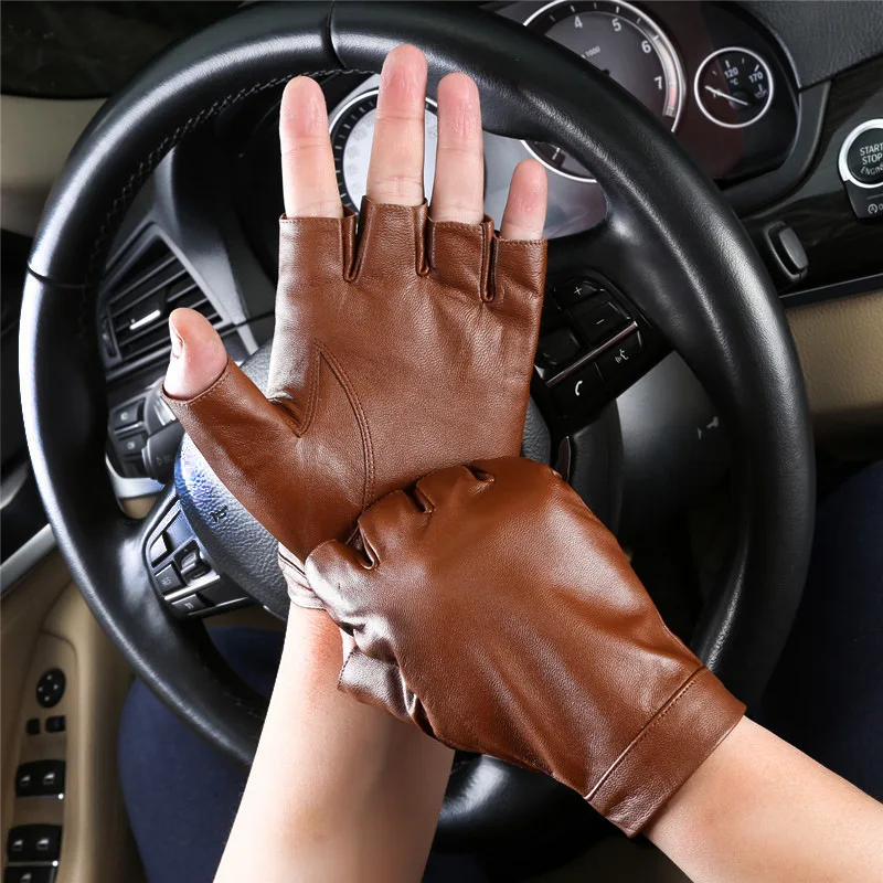 Men Sheepskin Gloves Retro Genuine Leather Fingerless Gloves Driving Cycling Motorcycle Unlined Half Finger Gloves 5